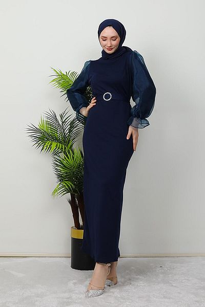 GİZ AGİYİM Φόρεμα με λεπτομέρεια ζώνης Navy Blue Organza