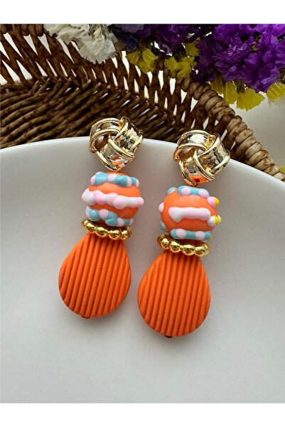 Pelin Aksesuar Heart Star Patterned Orange Drop Design Earrings