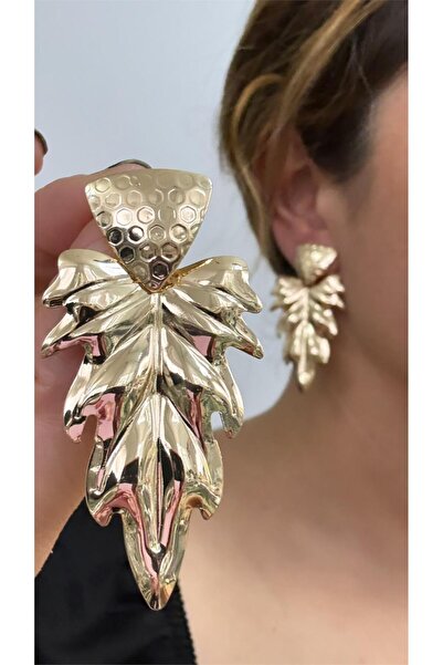 Pelin Aksesuar Gold Uzun Yaprak Küpe