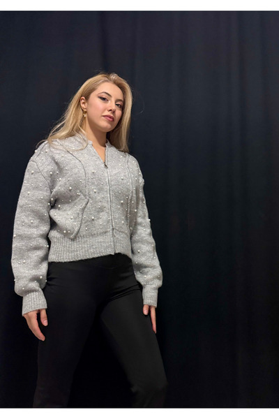 Çeşme Home Kadın İncili Fermuarlı Örme Triko Şık Hırka