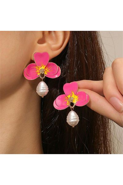 Pelin Aksesuar Fuchsia Pink Yellow Pearl Orchid Earrings