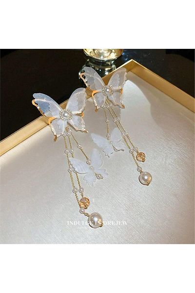 Pelin Aksesuar Cream Organza Fabric Butterfly And Pearl Design Earrings