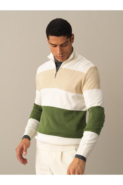 Xint Erkek Ekru Pamuk Dokulu Regular Fit Çizgili Kazak
