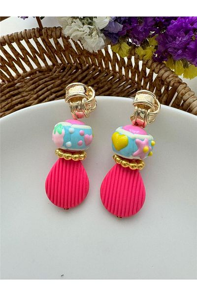 Pelin Aksesuar Heart Star Patterned Fuchsia Earrings - Drop Design
