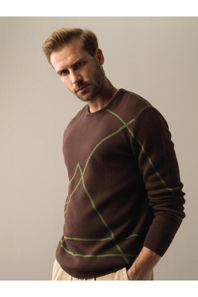 Xint Erkek Kahve Pamuklu Regular Fit Desenli Kazak