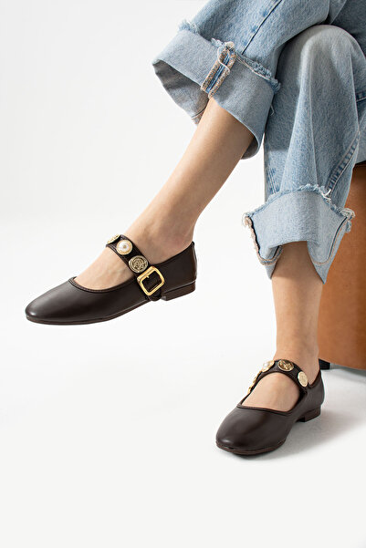 Neva'nın Butiği حذاء باليه نسائي يومي مصنوع من جلد الصلاة ومقدمة مستديرة ونعل...