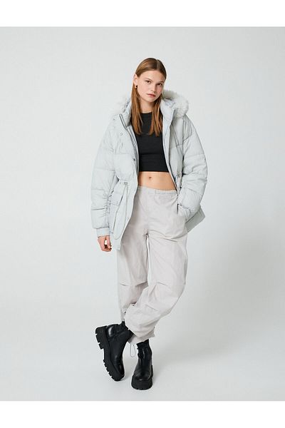 Koton Hooded Puffer Coat - Faux Fur Detailed Pocket Binding