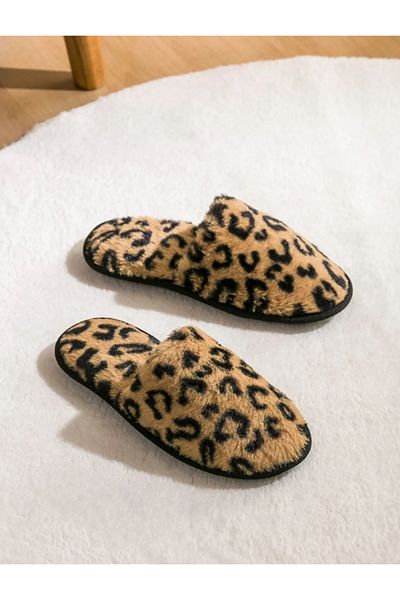 LC Waikiki Beige Women's Leopard Patterned Plush House Slippers