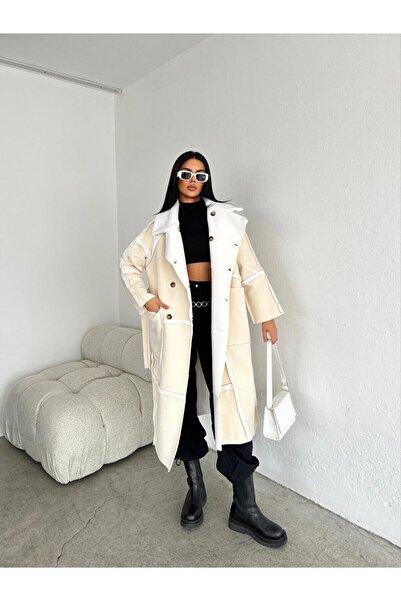 SHUGAA KADIN PREMIUM SÜET KUMAŞ KEMERLİ OVERSİZE ŞAL YAKA TASARIM DÜĞMELİ KABAN