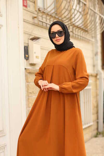 Neways 6482-Front Single Pleated Crepe Dress Cinnamon