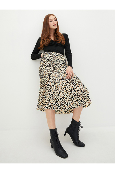 LC Waikiki Dámská plisovaná sukně ze vzorované maroken Fabric s elastickým pasem