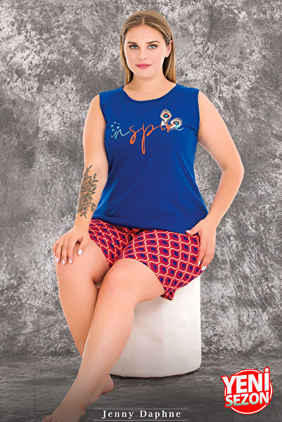 Jenny Daphne Pantaloni scurți cu mâneci zero cu imprimeu albastru pentru damă, plus mărime, costum de pijama 10426