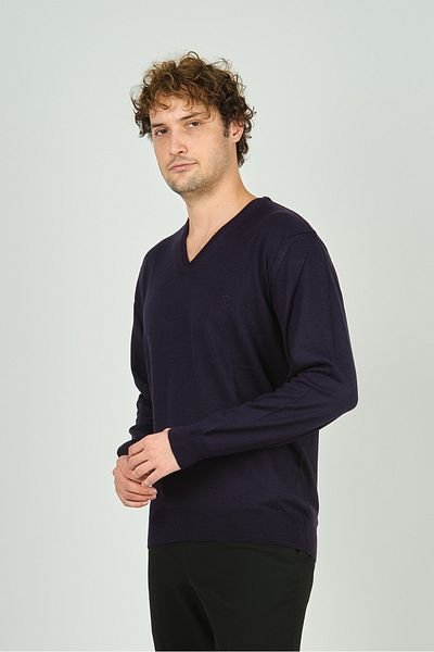 Woolen World Ανδρικό μακρυμάνικο μάλλινο πουλόβερ με λαιμόκοψη V 3022 Plum
