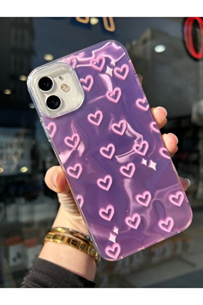 OVADA İphone 12/12 Pro Uyumlu Kalp Desenli Hologramlı Kılıf