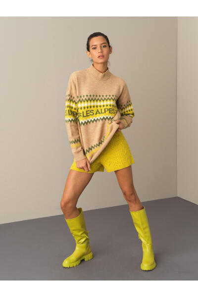 Xint Kadın Bej Regular Fit Desenli Kazak