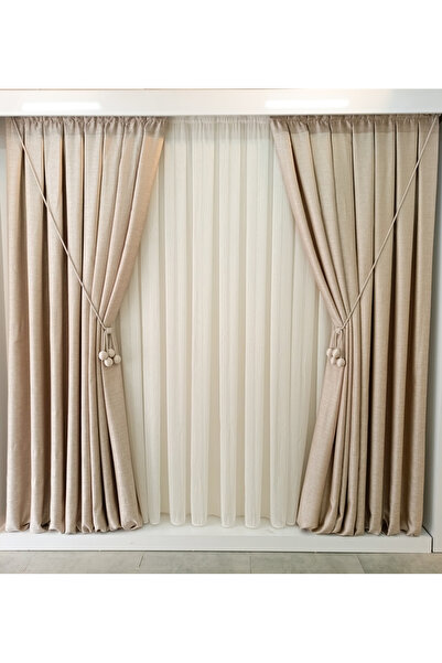 KN Tekstil Sık Pile 100*260 Çift Kanat Krem Vizon Kendinden Desenli Fon Perde