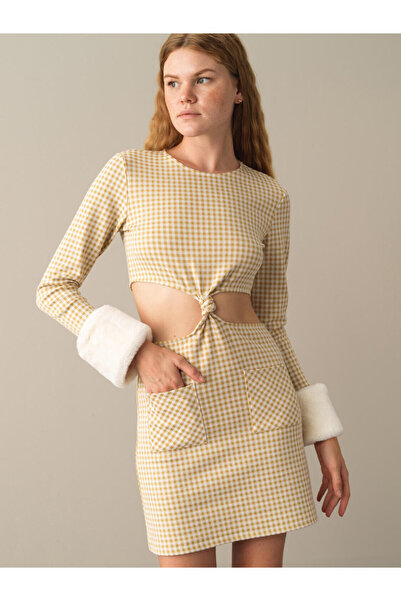 Xint Kadın Sarı Pamuk Dokulu Slim Fit Ekose Mini Elbise