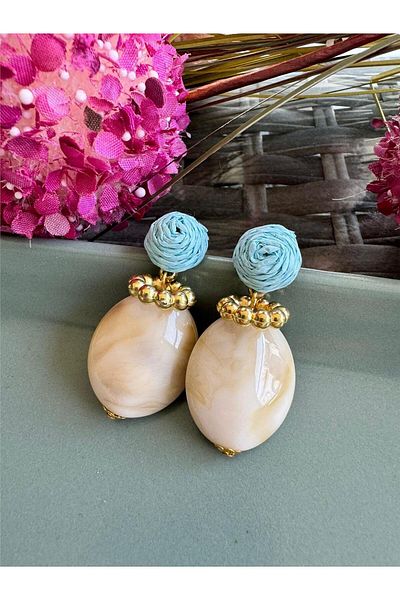 Pelin Aksesuar Blue Straw String Cream Beaded Design Earrings