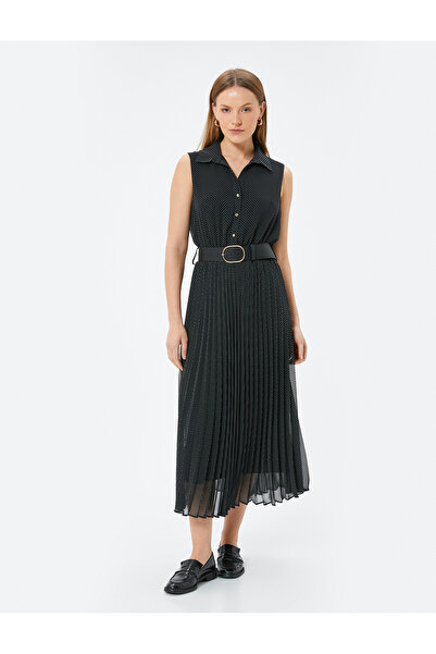 Koton Puantiyeli Pileli Midi Şifon Elbise Kolsuz Tül Etek Detaylı Düğmeli Kemerli