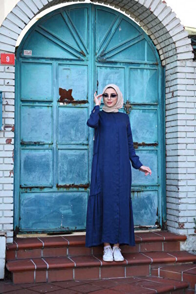 Neways 6425-Denim Gathered Layered Dress Navy