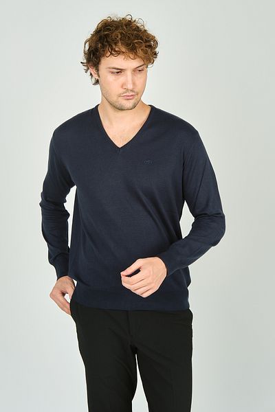 Woolen World Мъжки вълнен пуловер с V-образно деколте 3022, тъмносин