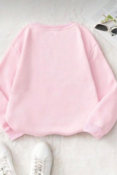 NO 601 Women's Pink Crew Neck Ribbon Printed Hoodless Winter Sweat