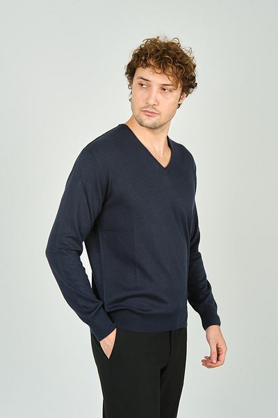Woolen World Мъжки вълнен пуловер с V-образно деколте 3022, тъмносин