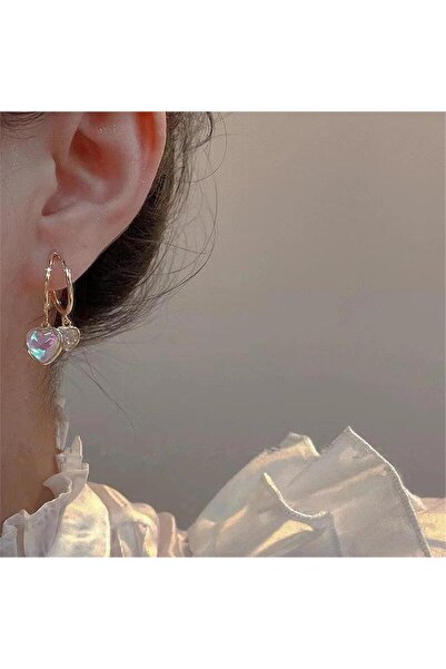 Pelin Aksesuar Gold Sedefli Taşlı Kalp İkili Halka Küpe