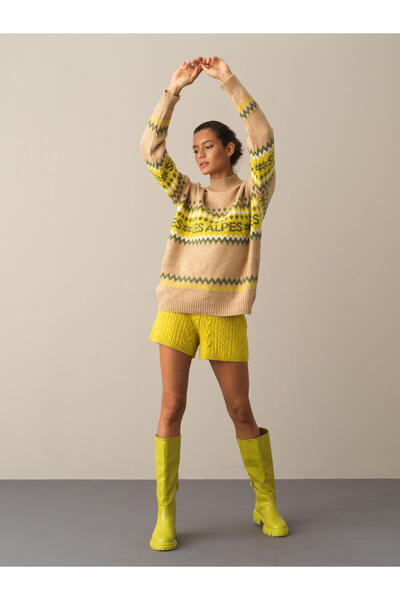 Xint Kadın Bej Regular Fit Desenli Kazak