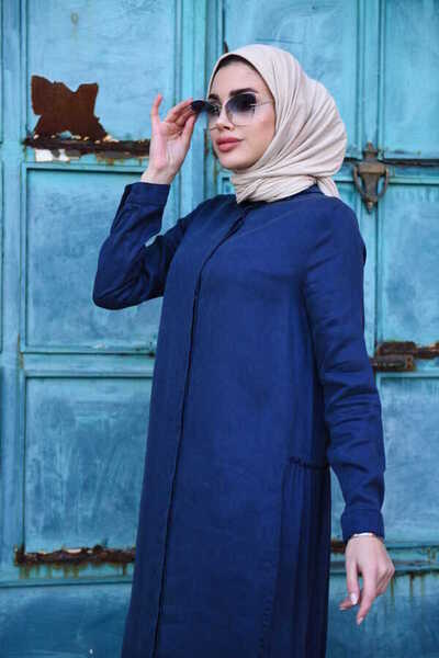 Neways 6425-Denim Gathered Layered Dress Navy