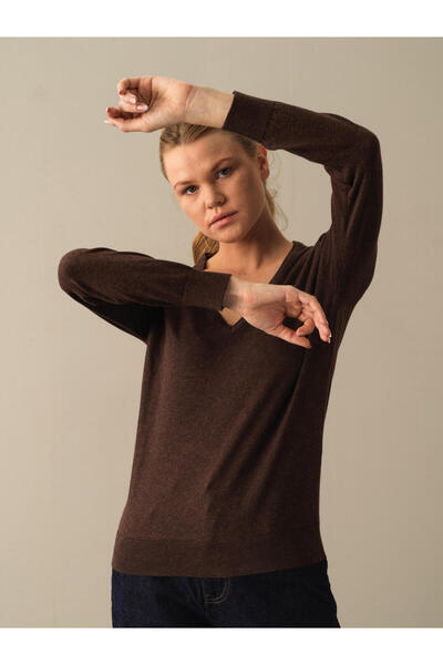 Xint Kadın Kahve-melanj V Yaka %100 Pamuk Regular Fit Basic Kazak