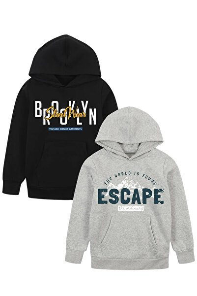 YA KO KİDS 4'lü Let's-Brooklyn-Skate-Escape Baskılı Erkek Çocuk Kanguru Cepli Kapüşonlu Sweatshirt