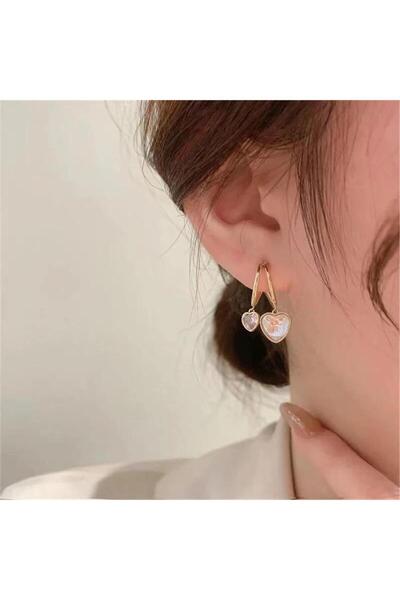 Pelin Aksesuar Gold Sedefli Taşlı Kalp İkili Halka Küpe