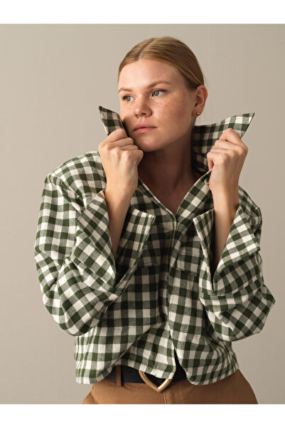 Xint Kadın Yeşil Pamuk Dokulu Oversize Ekose Gömlek