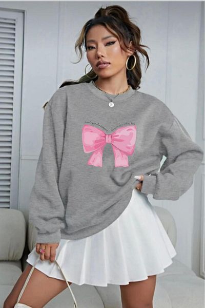 NO 601 Women's Grimelange Crew Neck Ribbon Printed Hoodless Winter Sweat