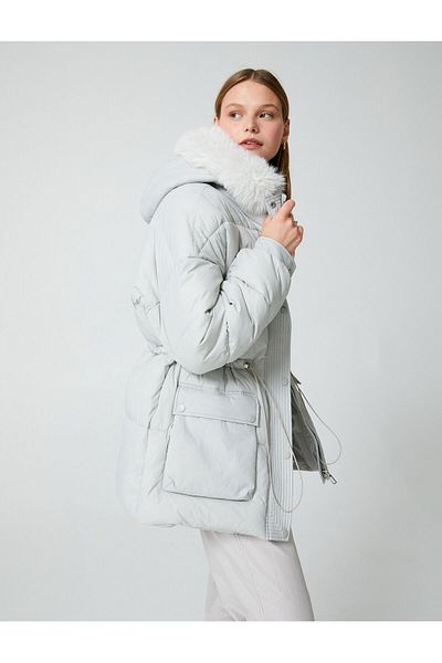 Koton Hooded Puffer Coat - Faux Fur Detailed Pocket Binding