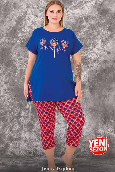 Jenny Daphne Lady Viscose Fabric Plus Size Color Print Short-Sleeve Long Capri Pajamas 10718