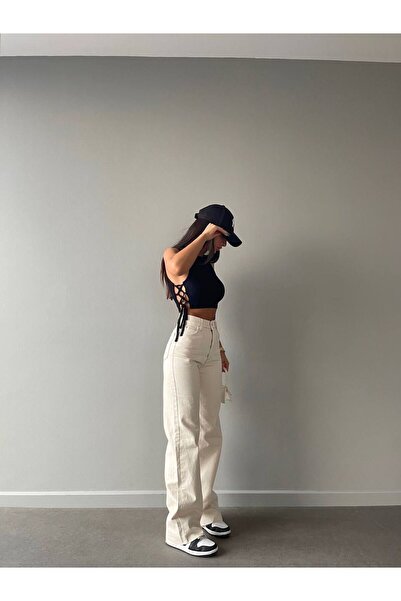 QİSSO Pantaloni Palazzo cu talie înaltă din denim BEJ