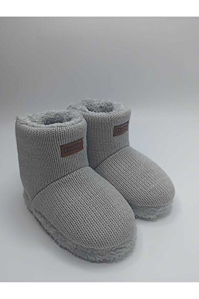 fluffy Triko Gri, İçi Polar Dona, Kaydırmaz, Sessiz ve Termo Taban, Pofuduk Çocuk Boğazlı Ev Botu