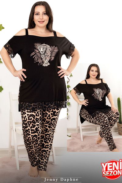 Jenny Daphne Plus Size Leopard Print Viscose Pajamas Set - Shoulder Detail, Short Sleeve 10954