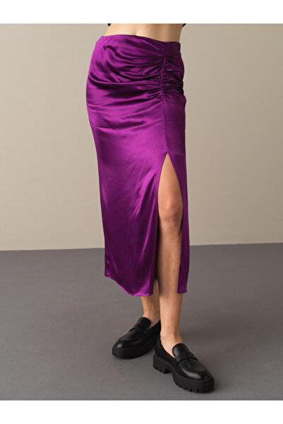 Xint Kadın Mor Pamuk Dokulu Regular Fit Saten Etek