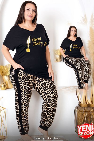 Jenny Daphne Lady Viscose Fabric Plus Size Leopard Print Short-Sleeve Long Pajamas 10982