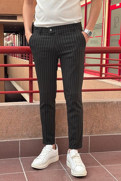 inpool Men's Black Color Italian Cut Quality Flexible Lycra Ankle Length Fabric Trousers