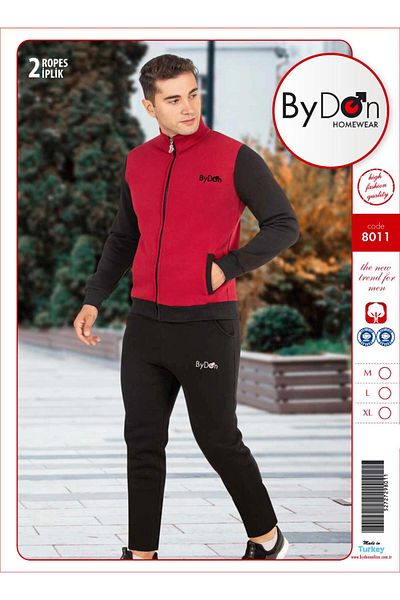 ByDon طقم بدلة رياضية للرجال من القطن بأكمام طويلة وخيطين وياقة واقفة وسحاب للكاحل