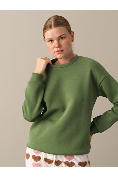 Xint Kadın Yeşil Pamuk Dokulu Pamuklu Oversize Sweatshirt