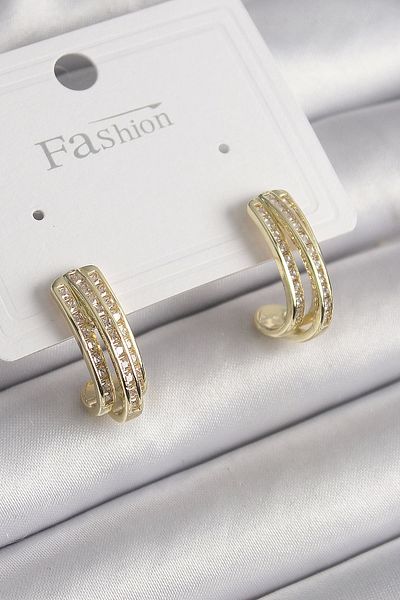 Clariss Brass Gold Color Zircon Stone Half Ring Model Women's Earrings