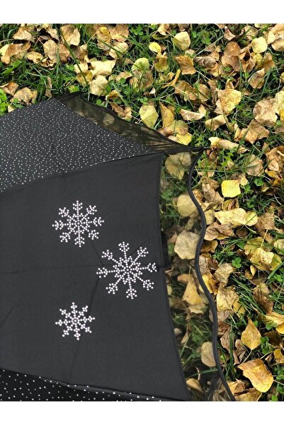 Genel Markalar Rüzgarda Kırılmayan Kar Tanesi Desenli Puantiye Detaylı Siyah Kadın Şemsiye