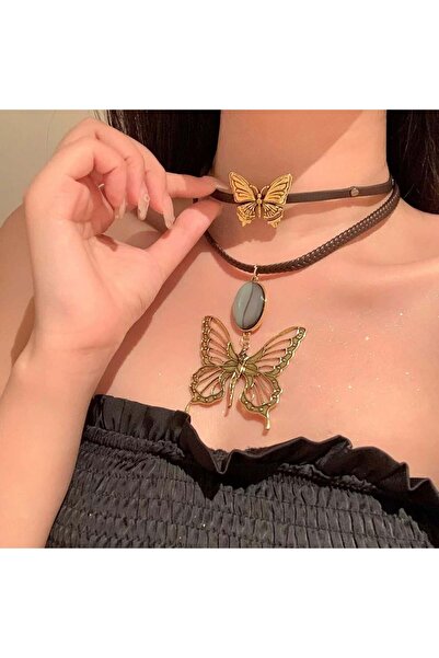 Pelin Aksesuar Kahverengi Deri Kelebekli İkili Kolye