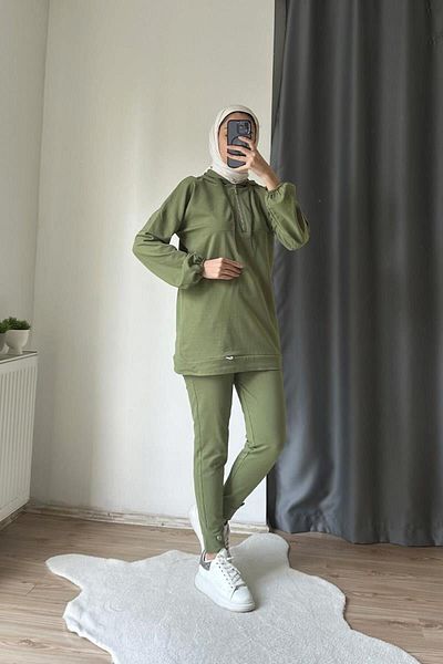 BurcuFashion Σετ φόρμας νέον με κουκούλα - με φερμουάρ, καφέ TRN2040-1