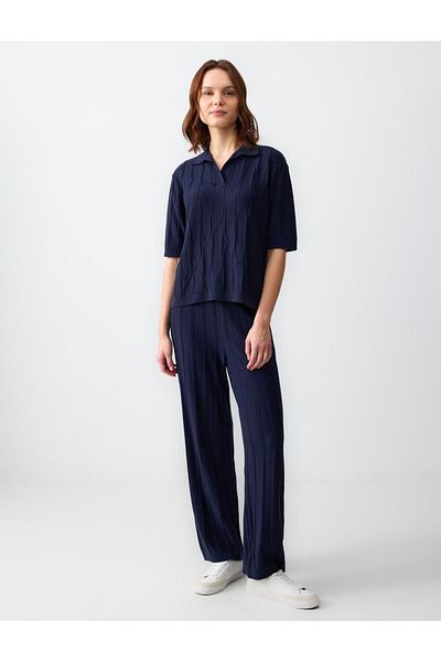 Jimmy Key Navy Blue Relaxed Fit High Waist Wide Leg Patterned Knitwear Trousers